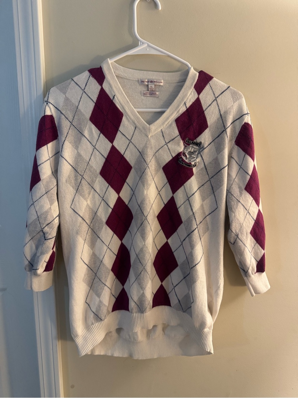 Peter Millar Killarney Gold white  & Burgundy Argyle V-Neck Sweater -